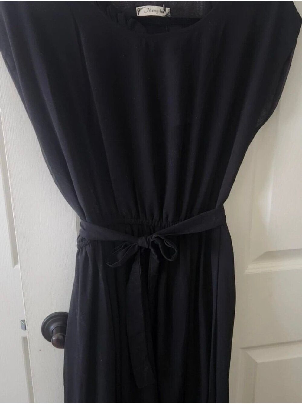 NWT Solid Chiffon Cap-Sleeve Belted Black Mid- length dress - Picture 7 of 7